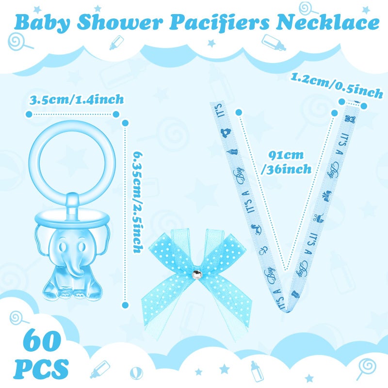 Tondiamo 60 Pcs Baby Shower Pacifiers Elephant Necklace Acrylic Baby Shower Party Favors with Cute Rhinestone Bows for Girls Boys Baby Shower Party Decoration Table Scatter(Blue) - Image 4