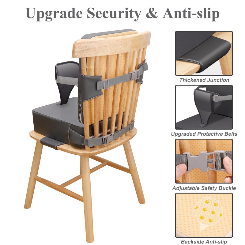 TOTIDYH Toddler Booster Seat for Dining Table, Non-Slip Kitchen Chair Booster Seat with Backrest and Adjustable Straps, Portable PU Waterproof Travel Baby Booster Increasing Cushion - Image 3