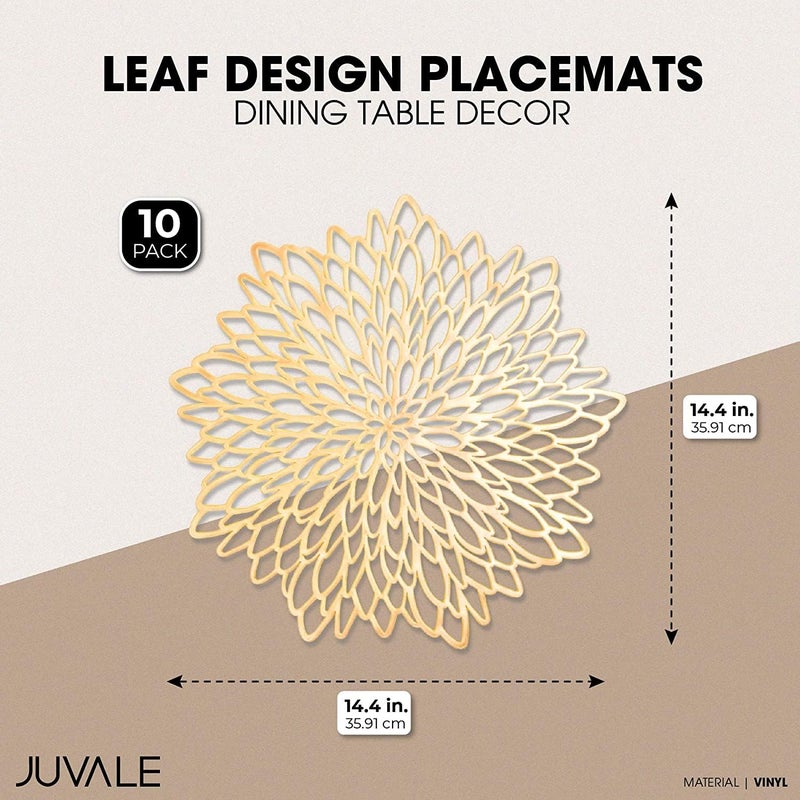Juvale 10 Pack Gold Vinyl Placemats - 14.4" x 14.4" Round Table Mats and Plate Chargers with Leaf Design for Elegant Table Decor and Protection - Stylish Charger Plates for Events and Wedding Parties - Image 2