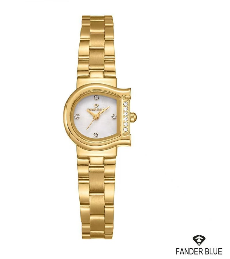 Elegant women's analog wristwatch with hands, quartz movement, stainless steel, and water resistance.