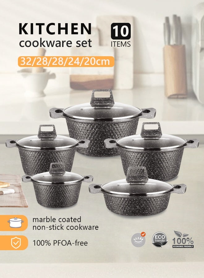 HK 10-Piece Kitchen Cookware set, Casserole Set And Frying Pan With Non Stick Cookware sets ,Finish Glass lid PFOA-Free  20-24-28-32 cm (Deep Stockpot) + 28 cm (Shallow Stockpot)（Black） - Image 1