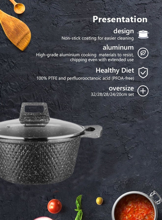 HK 10-Piece Kitchen Cookware set, Casserole Set And Frying Pan With Non Stick Cookware sets ,Finish Glass lid PFOA-Free  20-24-28-32 cm (Deep Stockpot) + 28 cm (Shallow Stockpot)（Black） - Image 2