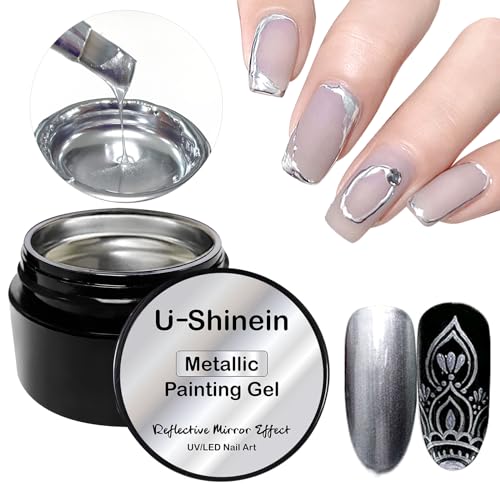 U-Shinein 8ml Metallic Painting Gel, Silver Painted Nail Polish, 3D Metal Painting Drawing Mirror Nail Gel Polish Glossy Soak Off UV/LED DIY Nail Art Manicure - Image 1
