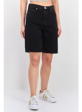 Women Solid High Rise Denim Short, Black