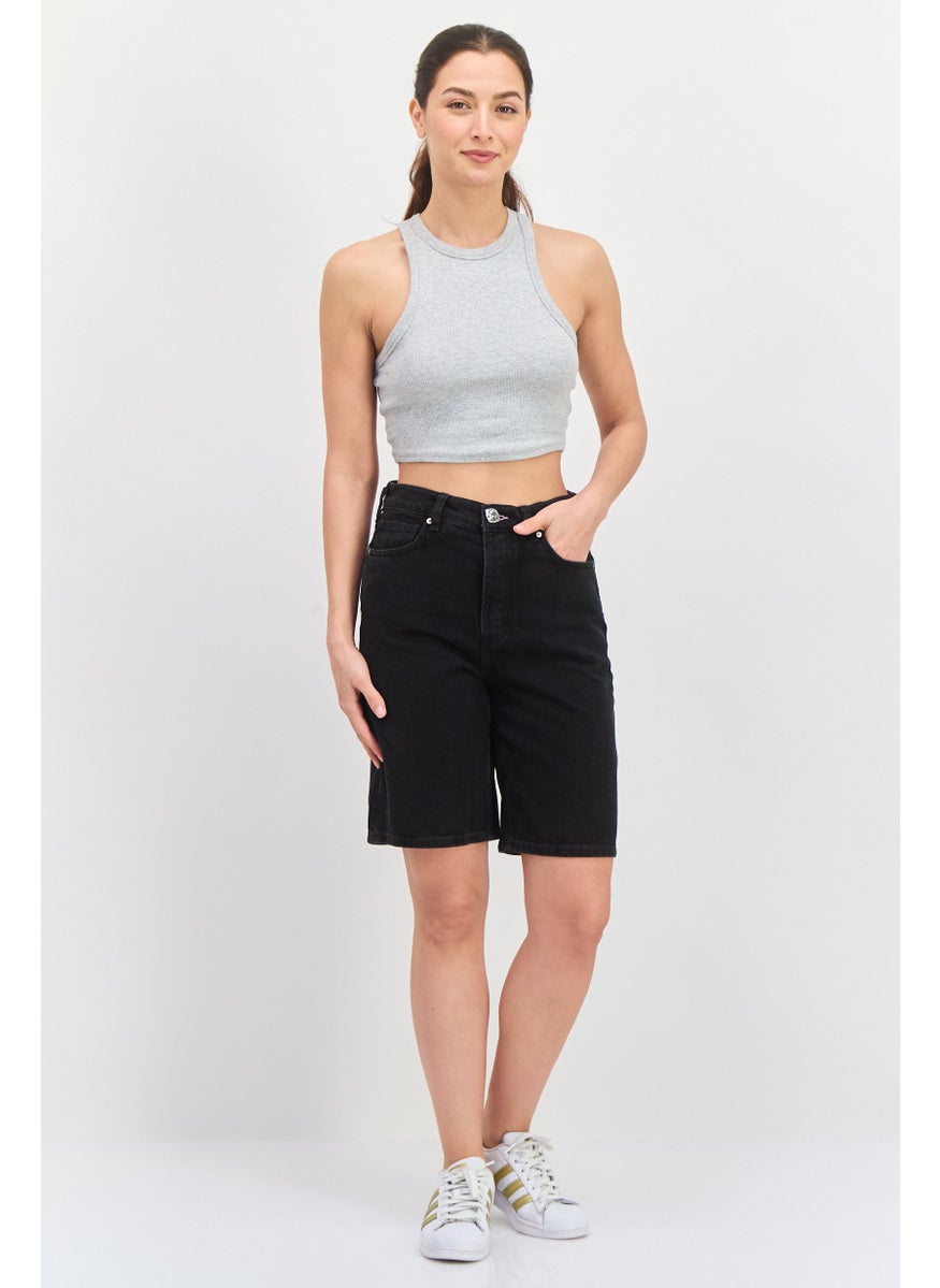 Scotch & Soda - Women Solid High Rise Denim Short, Black - Image 1