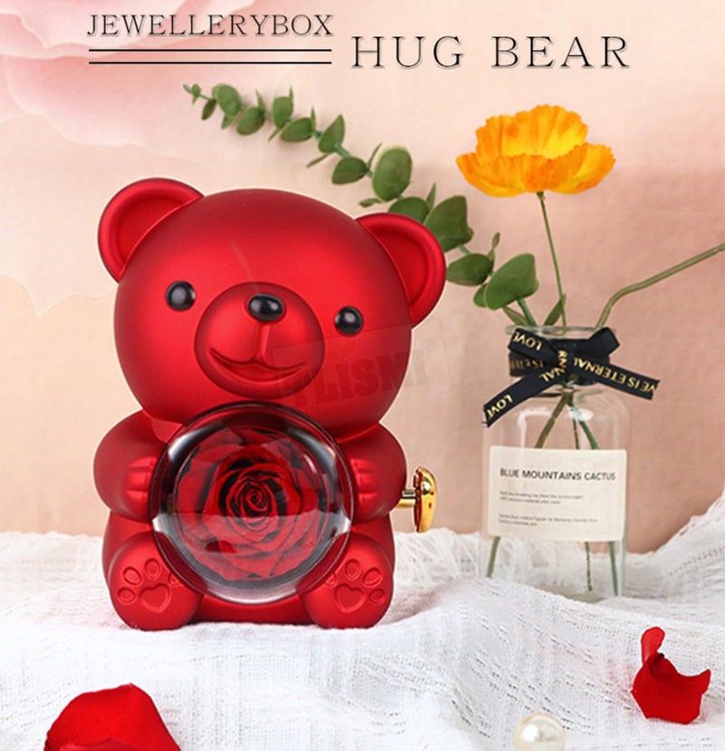 TLISMI Cute & Aesthetic Teddy Shape Ring Box| Romantic Bear with 360 °Rotating Preserved Rose- Hidden Jewellery Box for Wedding & Proposal | Unique Jewellery Display Case for Valentine’s Day Gift - Image 3