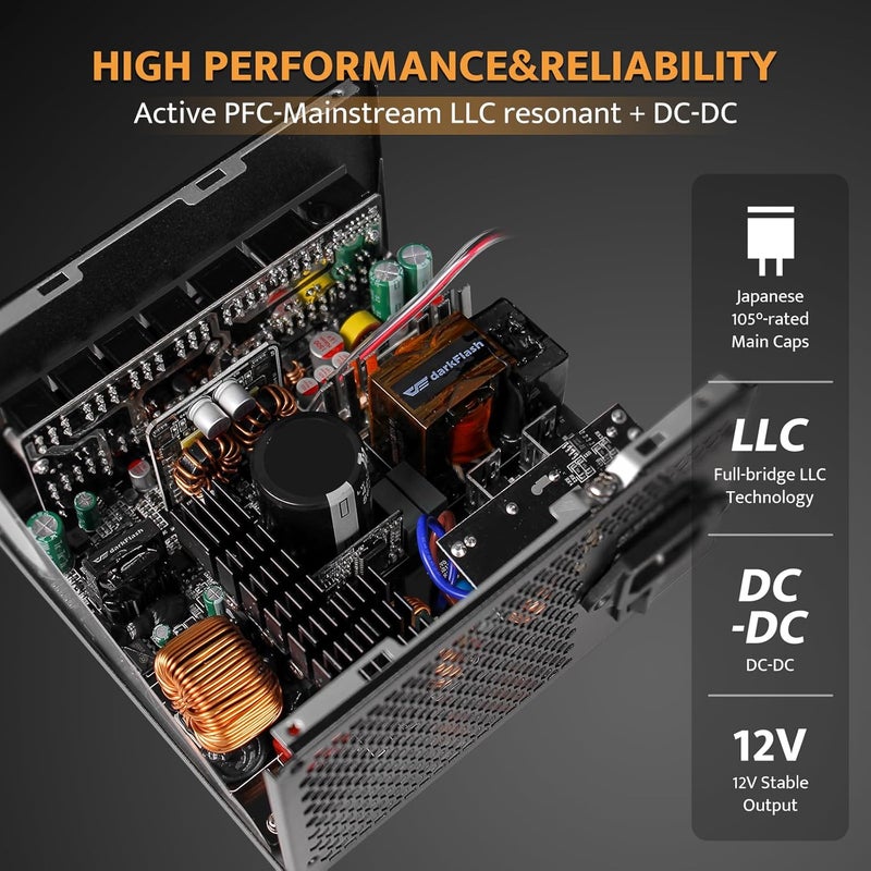 دارك فلاش مصدر طاقة darkFlash PMT750 معياري بالكامل، جاهز لـ ATX 3.1 و PCIe 5.1، يتضمن كابل 12VHPWR، مكثفات يابانية 100% بدرجة 105°C، معتمد 80 Plus Gold للألعاب، حجم مضغوط 150 مم، ضمان 5 سنوات (أسود) - Image 5