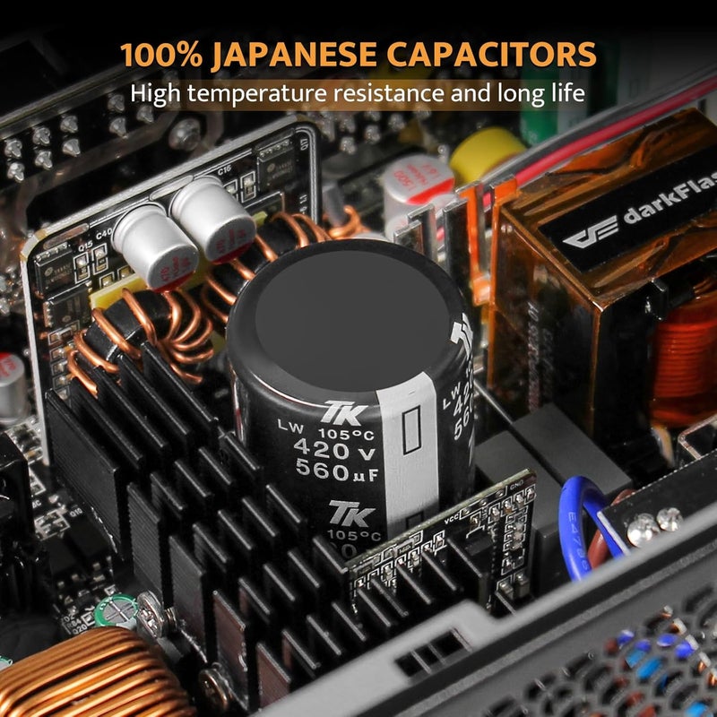 دارك فلاش مصدر طاقة darkFlash PMT750 معياري بالكامل، جاهز لـ ATX 3.1 و PCIe 5.1، يتضمن كابل 12VHPWR، مكثفات يابانية 100% بدرجة 105°C، معتمد 80 Plus Gold للألعاب، حجم مضغوط 150 مم، ضمان 5 سنوات (أسود) - Image 3