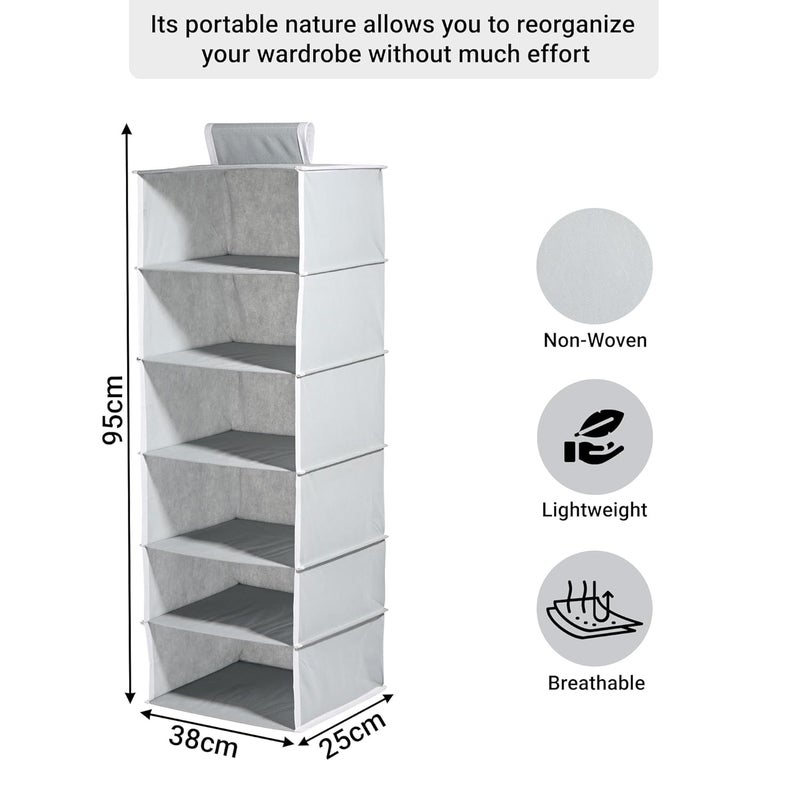Kuber Industries منظم ملابس قابل للطي مع 6 رفوف من كوبر إندستريز لحجرة الملابس مع فيلكرو 10x15 بوصة متعدد الاستخدامات باللون الرمادي العادي - Image 3