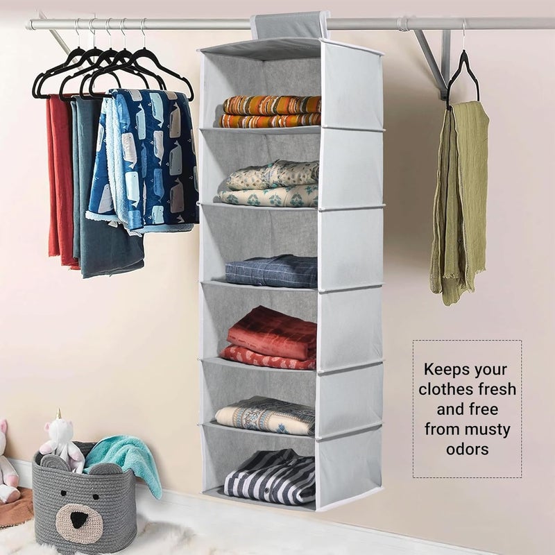 Kuber Industries منظم ملابس قابل للطي مع 6 رفوف من كوبر إندستريز لحجرة الملابس مع فيلكرو 10x15 بوصة متعدد الاستخدامات باللون الرمادي العادي - Image 4