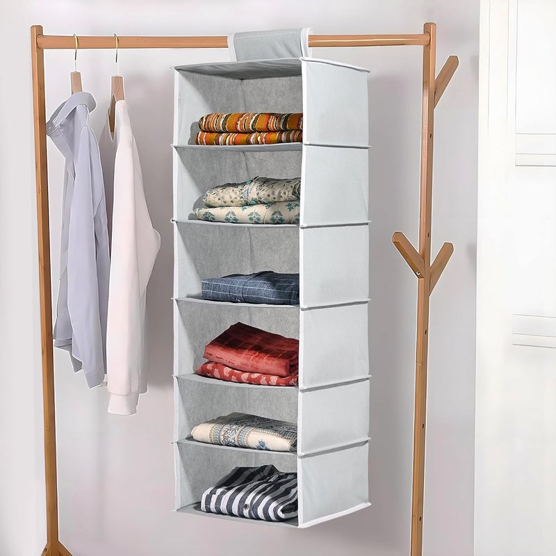 Kuber Industries منظم ملابس قابل للطي مع 6 رفوف من كوبر إندستريز لحجرة الملابس مع فيلكرو 10x15 بوصة متعدد الاستخدامات باللون الرمادي العادي - Image 1