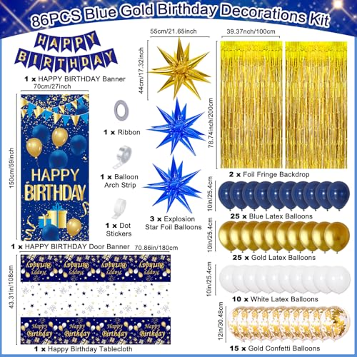 Pounira Blue and Gold Birthday Decorations for Men Women Happy Birthday Decorations for Boys Girls Happy Birthday Banner Balloons Tablecloth Foil Backdrop Star Balloons Bday Party Decor - Image 5