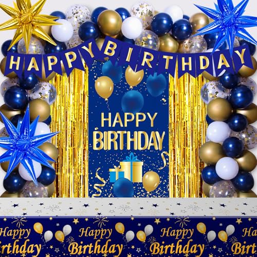Pounira Blue and Gold Birthday Decorations for Men Women Happy Birthday Decorations for Boys Girls Happy Birthday Banner Balloons Tablecloth Foil Backdrop Star Balloons Bday Party Decor - Image 1