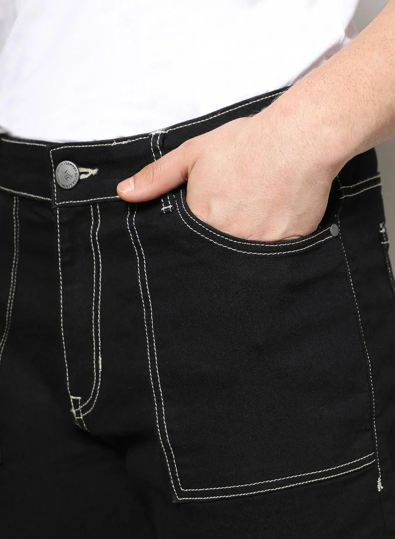 Campus Sutra Black Men's Jet Black Contrast Stitched Cargo Denim Jeans for Men | Best Price UAE