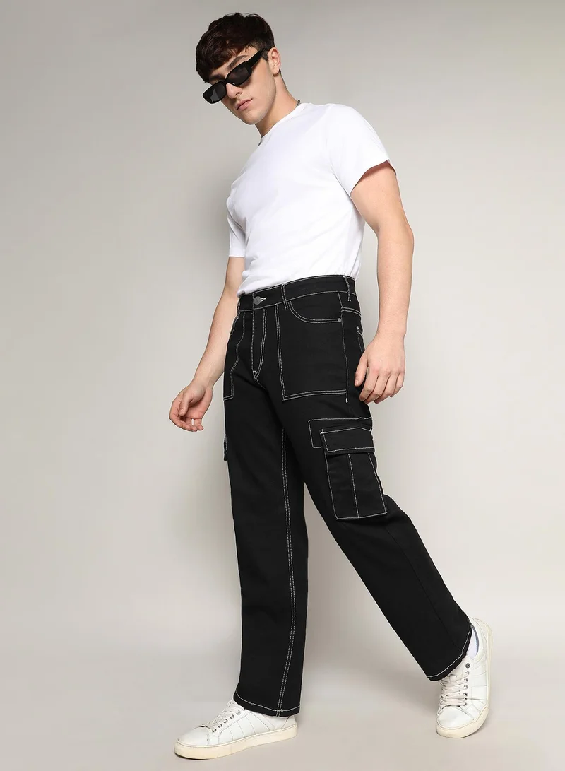 Campus Sutra Black Men's Jet Black Contrast Stitched Cargo Denim Jeans for Men | Best Price UAE