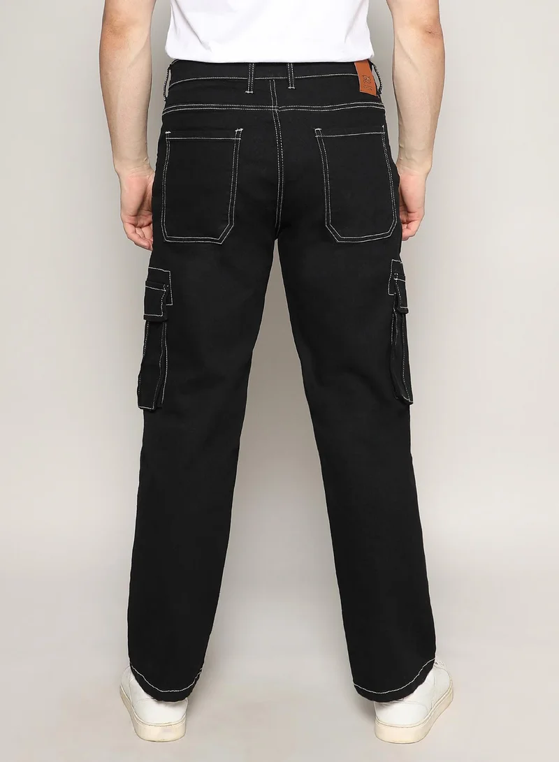 Campus Sutra Black Men's Jet Black Contrast Stitched Cargo Denim Jeans for Men | Best Price UAE
