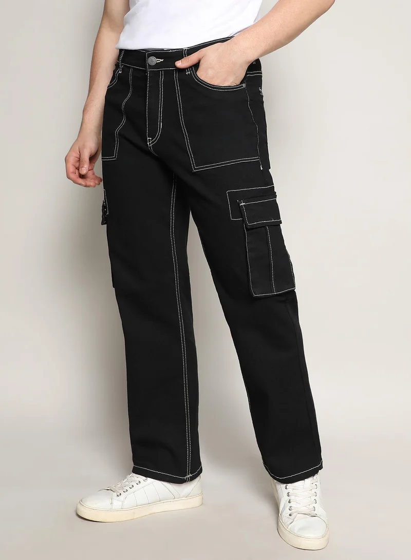 Campus Sutra Black Men's Jet Black Contrast Stitched Cargo Denim Jeans for Men | Best Price UAE