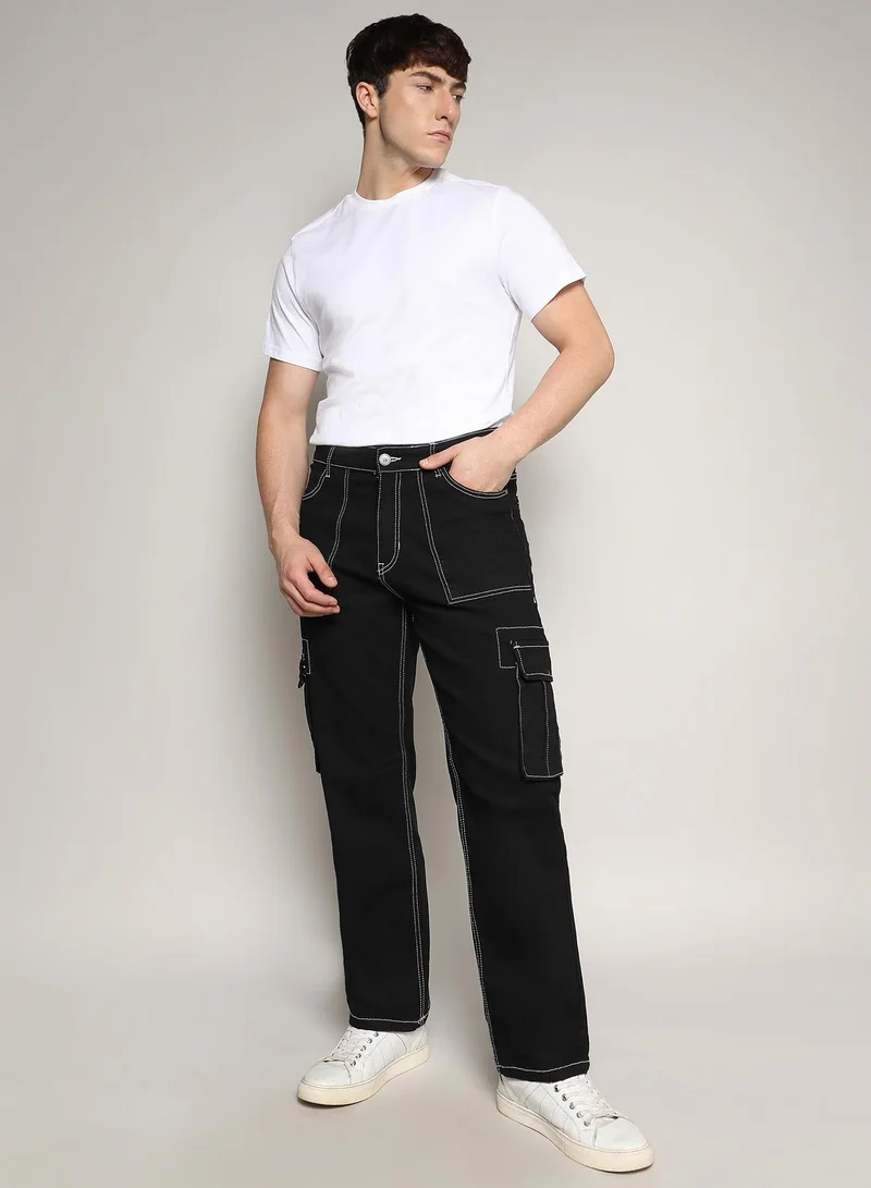 Campus Sutra Black Men's Jet Black Contrast Stitched Cargo Denim Jeans for Men | Best Price UAE