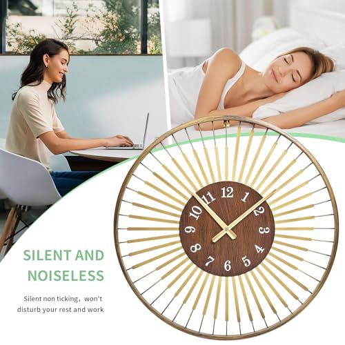 XGGJWW 24 Inch Mid-Century Modern Wall Clock, Round Frame Metal Design with Walnut Wood Center, Silent Quartz Movement, Gold-Tone Accents – Decorative Wall Clock for Living Room, Bedroom, and Office - Image 4