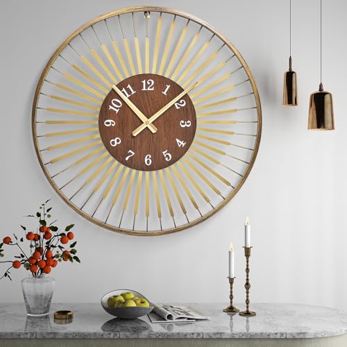 XGGJWW 24 Inch Mid-Century Modern Wall Clock, Round Frame Metal Design with Walnut Wood Center, Silent Quartz Movement, Gold-Tone Accents – Decorative Wall Clock for Living Room, Bedroom, and Office - Image 1