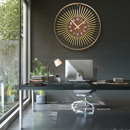 XGGJWW 24 Inch Mid-Century Modern Wall Clock, Round Frame Metal Design with Walnut Wood Center, Silent Quartz Movement, Gold-Tone Accents – Decorative Wall Clock for Living Room, Bedroom, and Office - Image 3