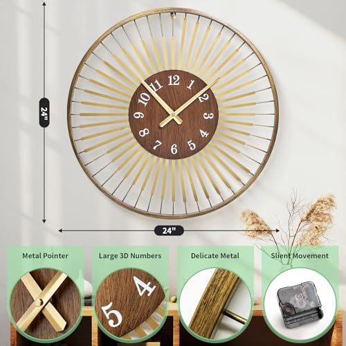 XGGJWW 24 Inch Mid-Century Modern Wall Clock, Round Frame Metal Design with Walnut Wood Center, Silent Quartz Movement, Gold-Tone Accents – Decorative Wall Clock for Living Room, Bedroom, and Office - Image 5
