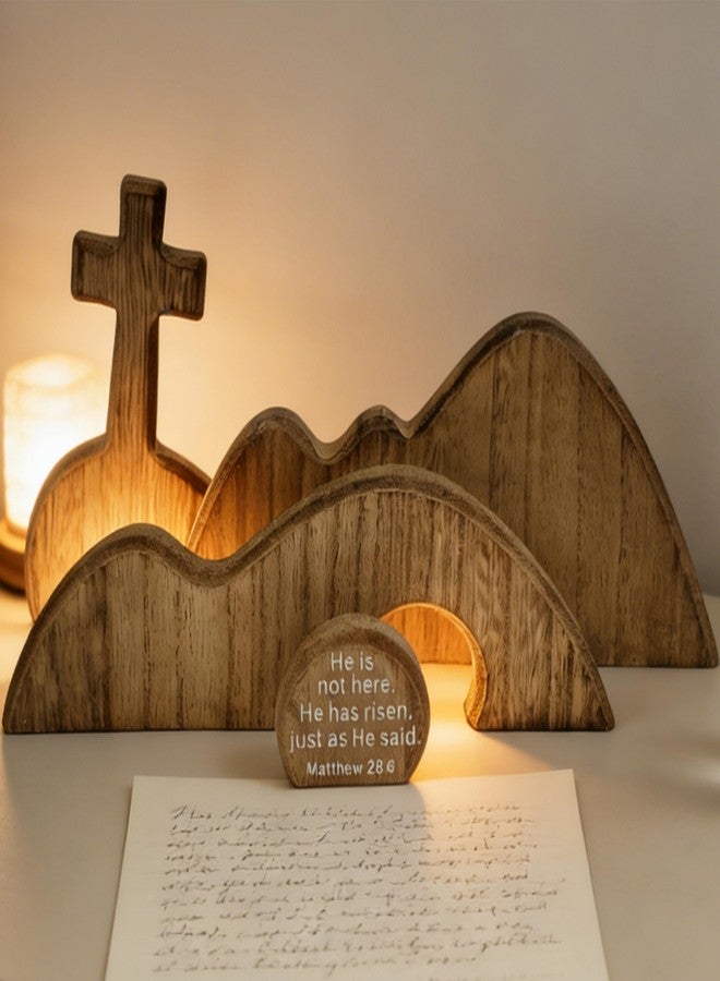 FESTGLOX Wooden Empty Tomb Set with Cross, Empty Tomb Easter Scene for Christian Decoration, Wooden Easter Resurrection Scene for Religious Display, Home Office Tabletop Tray, Church, Shelf Decor - Image 1