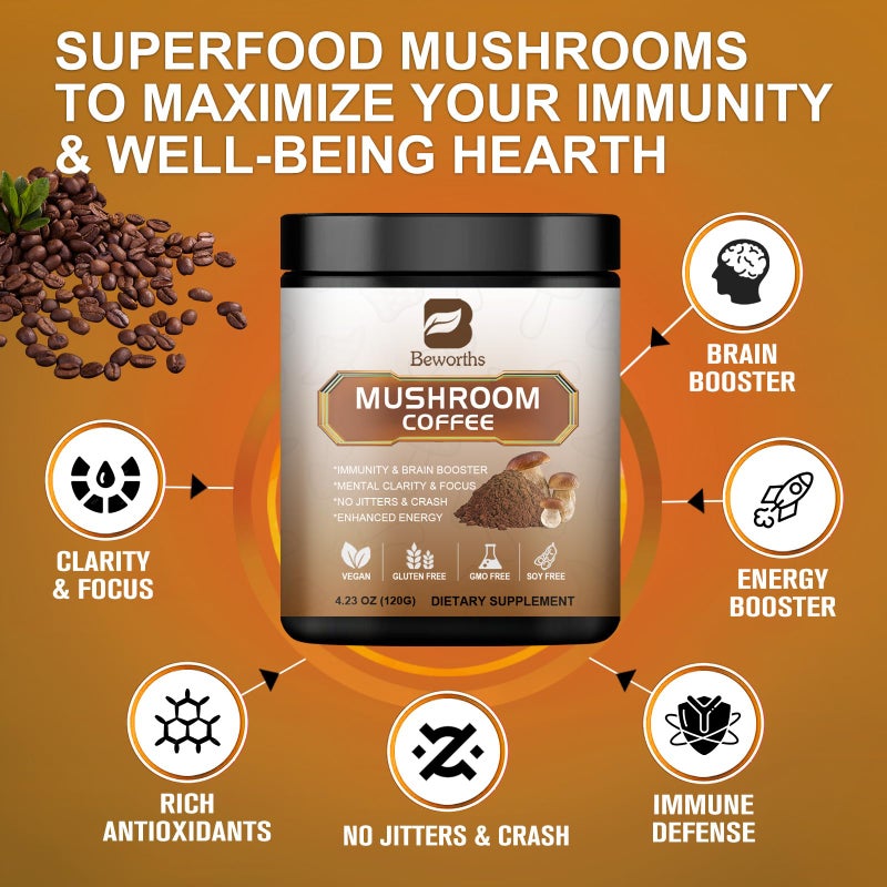 B BEWORTHS Mushroom Coffee - Lions Mane Mushroom Powder Instant Coffee with Lion's Mane, Reishi, Chaga, Cordyceps, and Turkey Tail - Mushroom Coffee Alternative for Energy, Mental Clarity & Focus, Brain Booster - Image 3