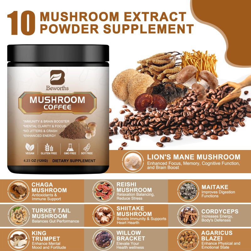 B BEWORTHS Mushroom Coffee - Lions Mane Mushroom Powder Instant Coffee with Lion's Mane, Reishi, Chaga, Cordyceps, and Turkey Tail - Mushroom Coffee Alternative for Energy, Mental Clarity & Focus, Brain Booster - Image 2