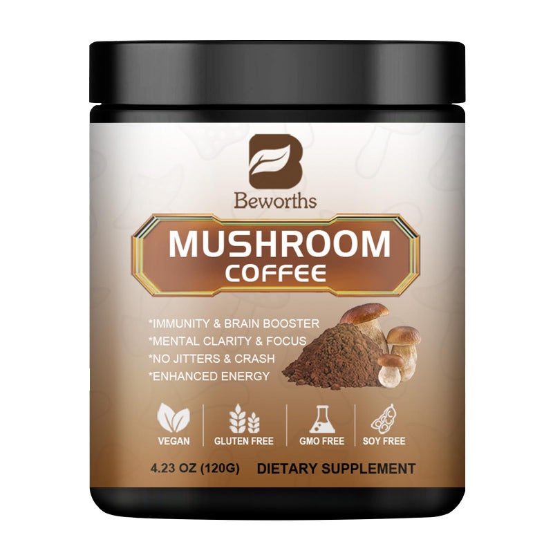 B BEWORTHS Mushroom Coffee - Lions Mane Mushroom Powder Instant Coffee with Lion's Mane, Reishi, Chaga, Cordyceps, and Turkey Tail - Mushroom Coffee Alternative for Energy, Mental Clarity & Focus, Brain Booster - Image 1