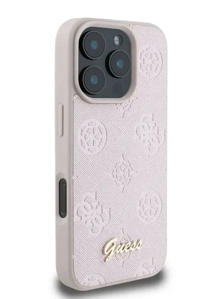 GUESS PU Case With Peony Hot Stamp and Metal Script Logo for iPhone 16 Pro / Ultimate Protection / Durable Back Cover - Pink