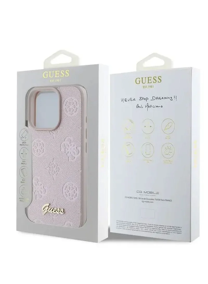 GUESS PU Case With Peony Hot Stamp and Metal Script Logo for iPhone 16 Pro / Ultimate Protection / Durable Back Cover - Pink