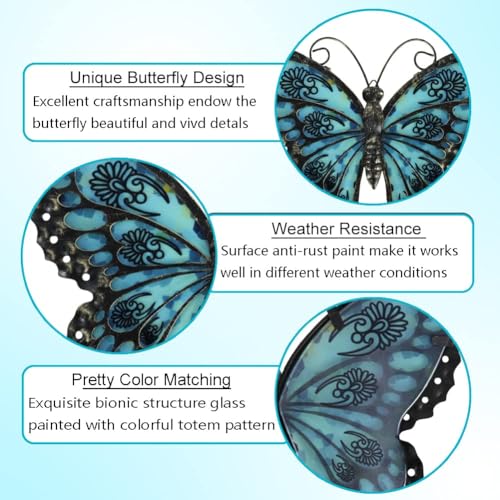 LIFFY Metal Butterfly Wall Decor Glass Outdoor Wall Art Sculptures 12" Hanging Garden Decorations Indoor Home Decorative Ornaments for Patio Yard Fence Bedroom Living Room - Image 4
