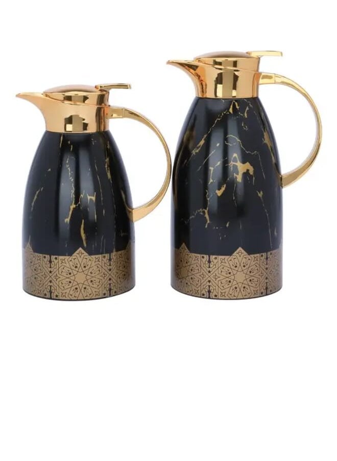 Alsaif Gallery Andalusian Thermos Set, Black Marble, With Islamic Inscription, With Golden Handle, Press 2 Pieces  - Image 3