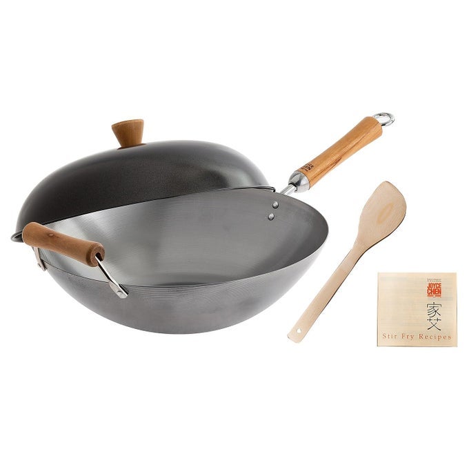 CLASSIC SERIES 14INCH UNCOATED CARBON STEEL WOK SET WITH LID AND BIRCH HANDLES 4 PIECES