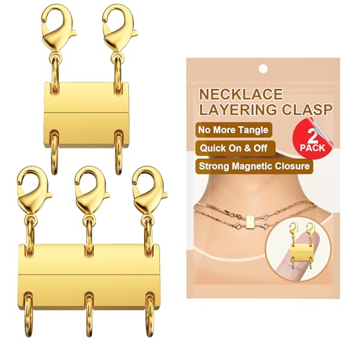 Bonison Necklace Layering Clasp, 18K Gold Plated Magnetic Necklace Separator & Extender for Women, Double & Triple Chain Connector for Layered Necklaces, 2-Pack (Gold) - Image 1