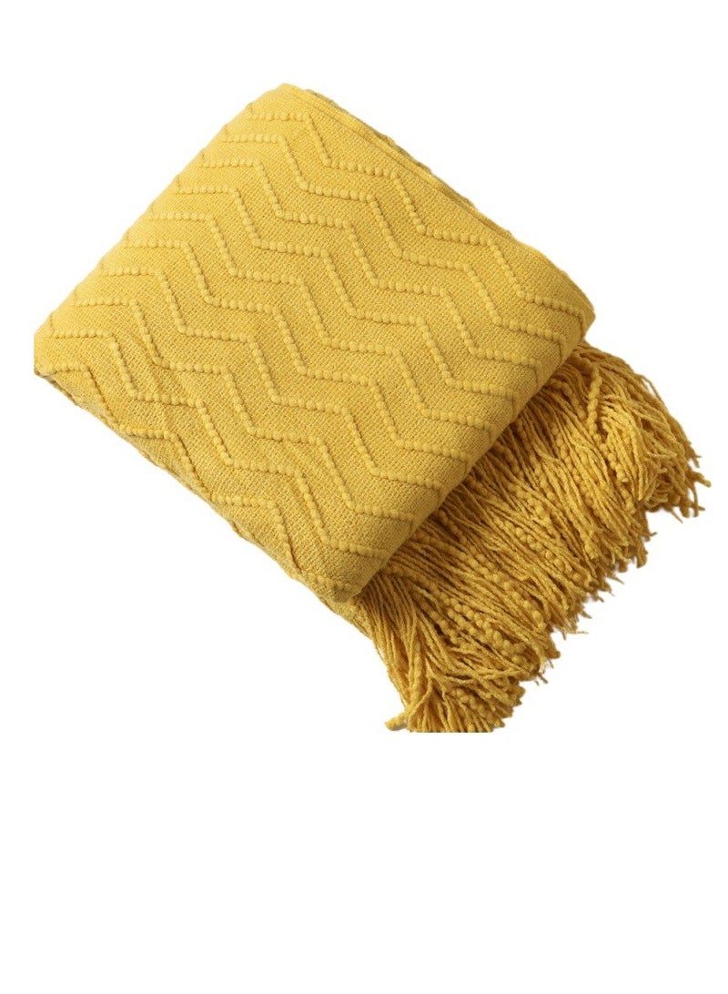 Loquat Tassel Design Textured Knitted Soft Throw Blanket Keep Warm Yellow - Image 2