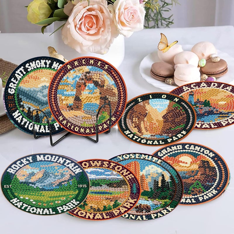 NEGEKFKX 8 Pcs National Park Diamond Art Painting Coasters Kits, Coaster with Holder for Adults, Non-Slip DIY Dot Paint Craft Kits,5D Full Drill DIY Diamond Dot Gem Art Kit Home Decor Arts Craft - Image 3