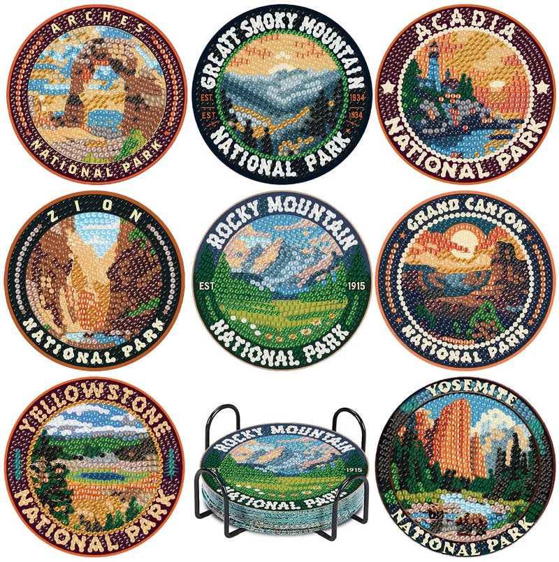 NEGEKFKX 8 Pcs National Park Diamond Art Painting Coasters Kits, Coaster with Holder for Adults, Non-Slip DIY Dot Paint Craft Kits,5D Full Drill DIY Diamond Dot Gem Art Kit Home Decor Arts Craft - Image 1