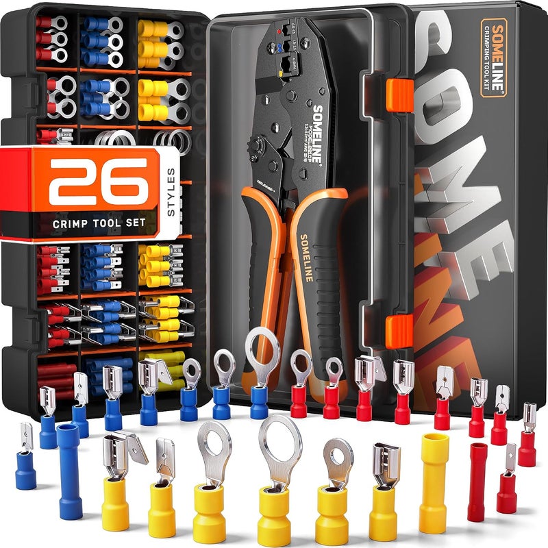 SOMELINE ® Wire Terminal Crimping Tool Kit, 0.34-6mm² Ratchet Crimping Pliers with 26 Sizes of Insulated Terminals, Electrical Terminal Assortment Kit - Image 1