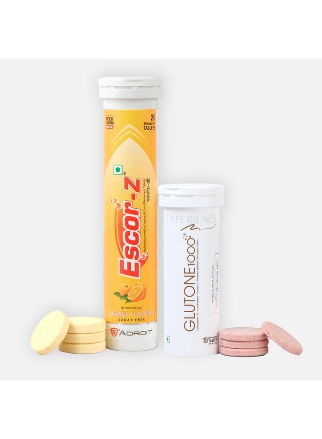GLUTONE Glutone 1000 & Escor-Z Combo Pack| Setria L-Glutathione, Vitamin C Effervescent Tablets| Healthy Skin| Pack of 15 (1) + 20 (1) Tablets (Orange Flavour) - Image 1