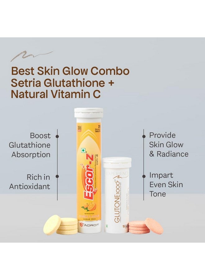 GLUTONE Glutone 1000 & Escor-Z Combo Pack| Setria L-Glutathione, Vitamin C Effervescent Tablets| Healthy Skin| Pack of 15 (1) + 20 (1) Tablets (Orange Flavour) - Image 3