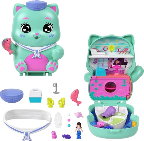 Polly Pocket دمى بولي بوكيت ومجموعة اللعب، مجموعة الإبحار مع قطة مدمجة، لعبة سفر مع 1 دمية صغيرة، قطط أليفة، طعام وإكسسوارات تنسيق أزياء - Image 1
