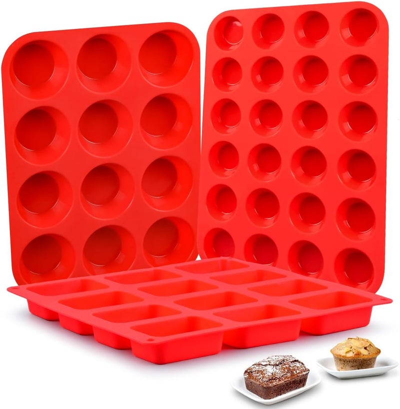 CAKETIME Silicone Muffin Pan- 24 Cups Mini Muffin Pan, Regular 12 Cups Cupcake Pan, 12 Cups Mini Loaf Pan Bakeware Sets - Image 1