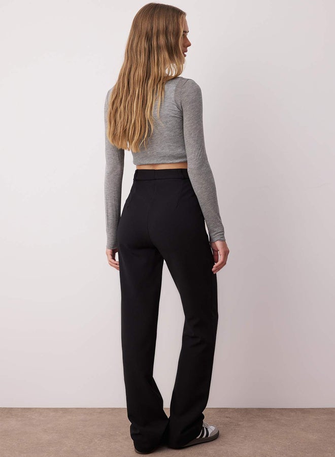 trendyol Black Thick Stretch Fabric Straight/Straight Cut High Waist Ribbed Stitching Pants - Image 4