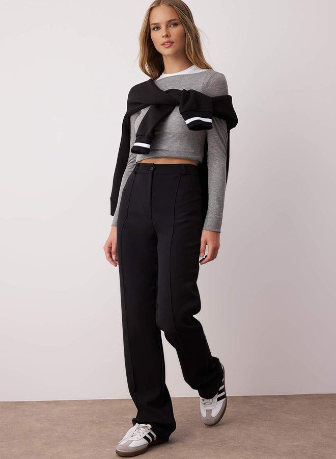 trendyol Black Thick Stretch Fabric Straight/Straight Cut High Waist Ribbed Stitching Pants - Image 2