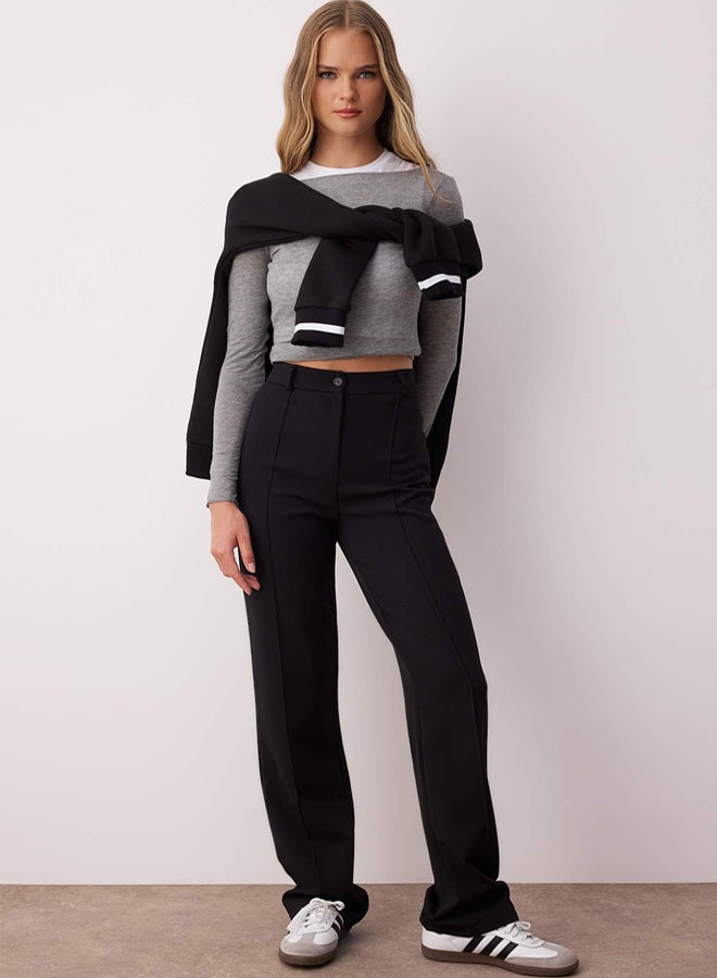 trendyol Black Thick Stretch Fabric Straight/Straight Cut High Waist Ribbed Stitching Pants - Image 1