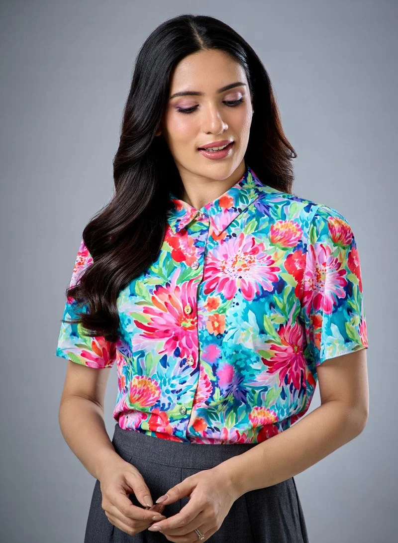 Zigzag Printed Short Sleeve Floral Chiffon Top