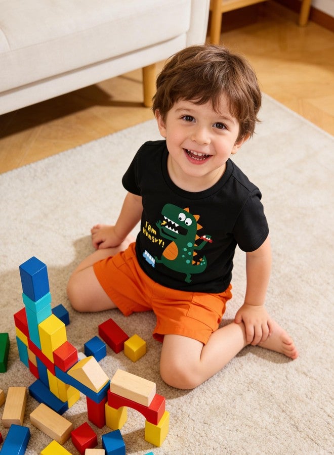 Latnnut Shorts for Boys 4t Toddler Boys 4t Black Cute Green Dinosaur Pattern Short Sleeve T-shirt Tops and Orange Elastic Cargo Shorts with Pockets for 3t-4t 3-4t - Image 4