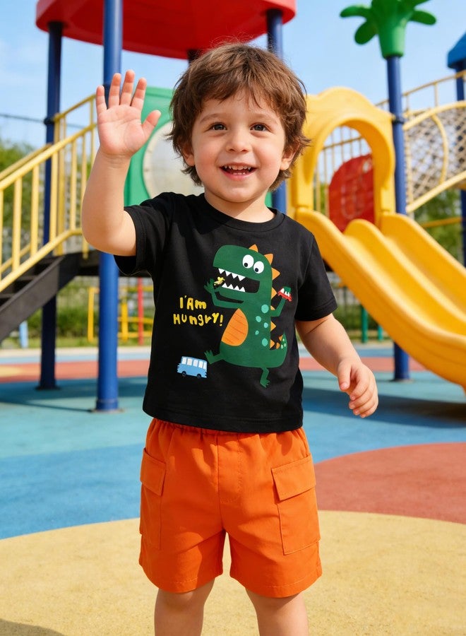 Latnnut Shorts for Boys 4t Toddler Boys 4t Black Cute Green Dinosaur Pattern Short Sleeve T-shirt Tops and Orange Elastic Cargo Shorts with Pockets for 3t-4t 3-4t - Image 2